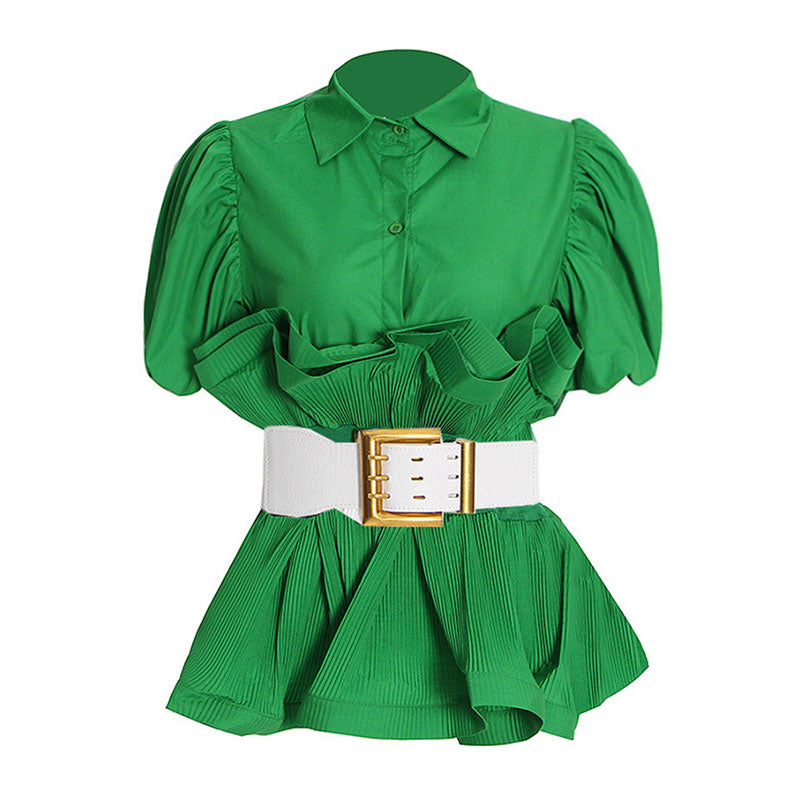 Charismatic Collared Half Button Puff Sleeve Belted Pleated Ruffle Peplum Shirt