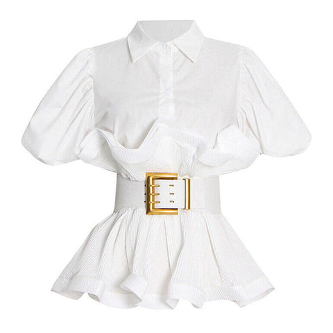 Charismatic Collared Half Button Puff Sleeve Belted Pleated Ruffle Peplum Shirt