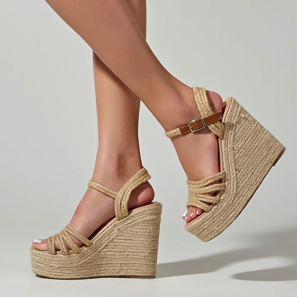 Chic Braided Effect Open Toe Ankle Strap Wedge Espadrilles - Beige