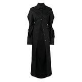 Chic Collared Long Sleeve Strappy Cutout Lace Up Tie Back Button Up Maxi Shirt Dress