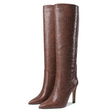 Chic Croc Effect Faux Leather Pointed Toe Knee High Stiletto Boots - Brown