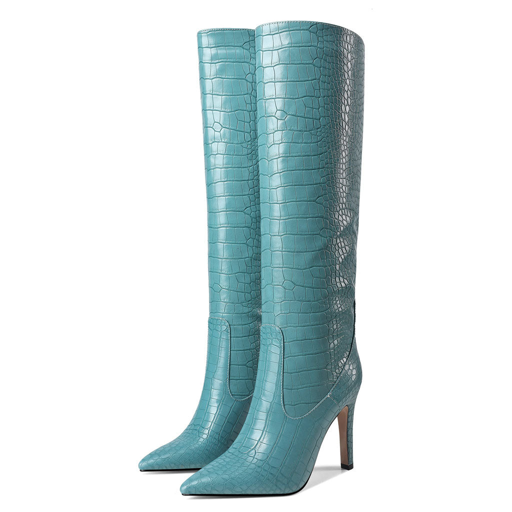 Chic Croc Effect Faux Leather Pointed Toe Knee High Stiletto Boots - Teal