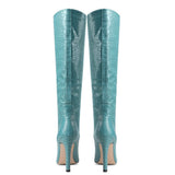Chic Croc Effect Faux Leather Pointed Toe Knee High Stiletto Boots - Teal