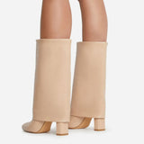 Chic Croc Effect Foldover Mid-Calf Pointed Toe Block Heel Boots - Beige