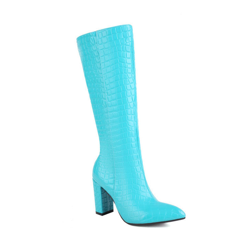 Chic Croc Effect Pointed Toe Chunky Heel Knee High Boots - Turquoise