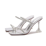 Chic Crystal Embellished Clear PVC Square Toe Martini Heel Mules - Silver