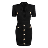Chic Embossed Button Deep V Shoulder Pad Short Sleeve Textured Knit Mini Dress