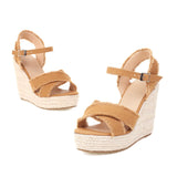 Chic Frayed Detail Open Toe Ankle Strap Wedge Espadrilles - Camel
