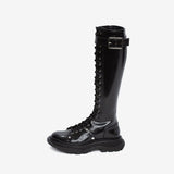 Chic Lace Up Buckle Detail Patent Leather Knee High Boots - Black