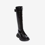 Chic Lace Up Buckle Detail Patent Leather Knee High Boots - Black