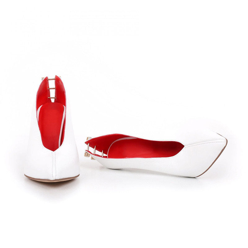 Chic Metal Hardware Faux Leather Pointed Toe Stiletto Pumps - White