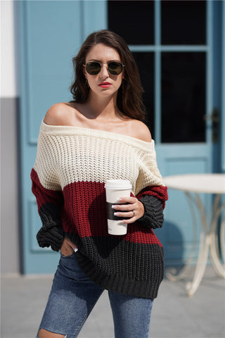 Tricolor Rib-Knit Boat Neck Sweater