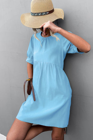 Buttoned Round Neck Puff Sleeve Dress