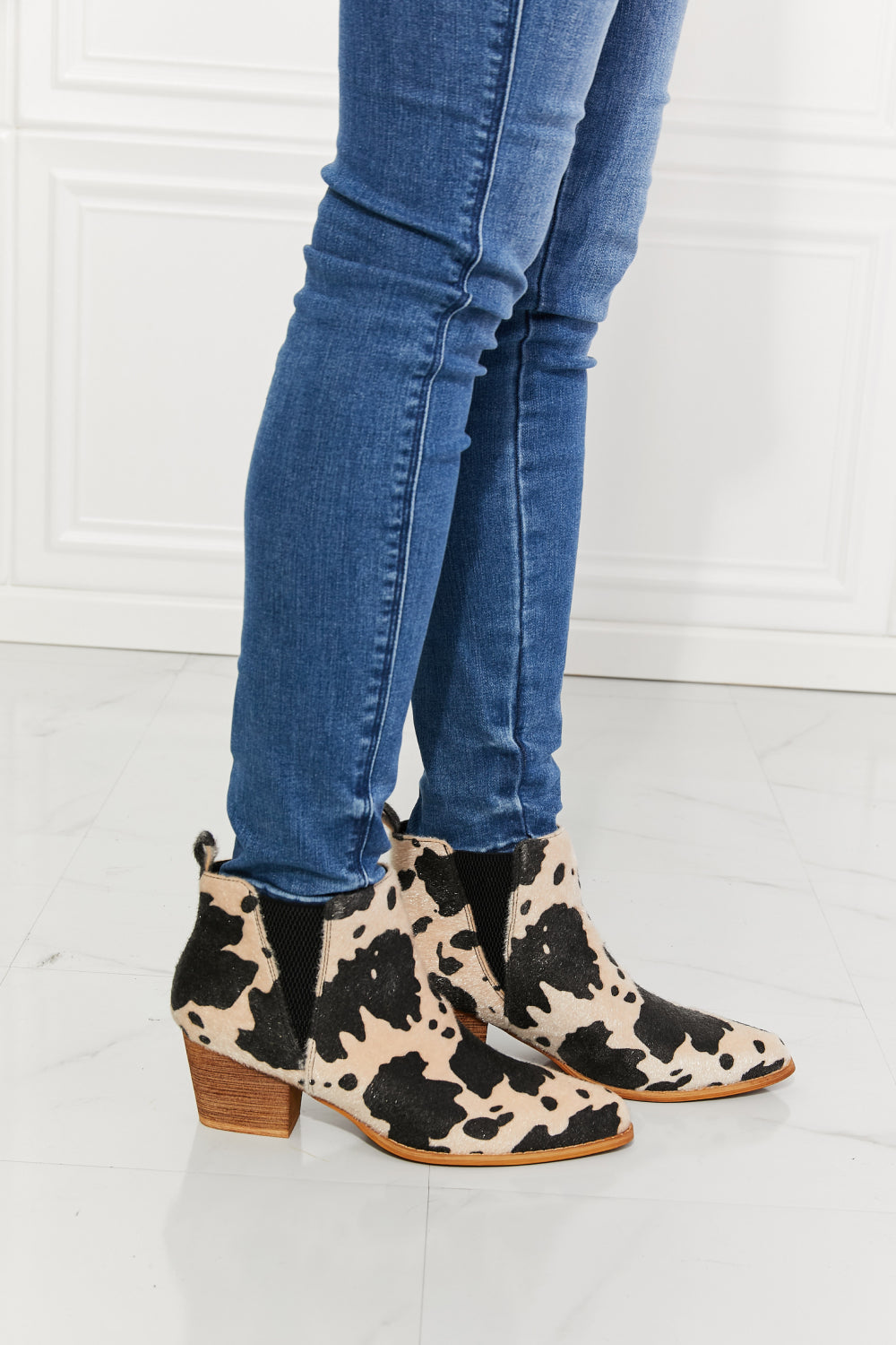 Back At It Point Toe Bootie in Beige Cow Print