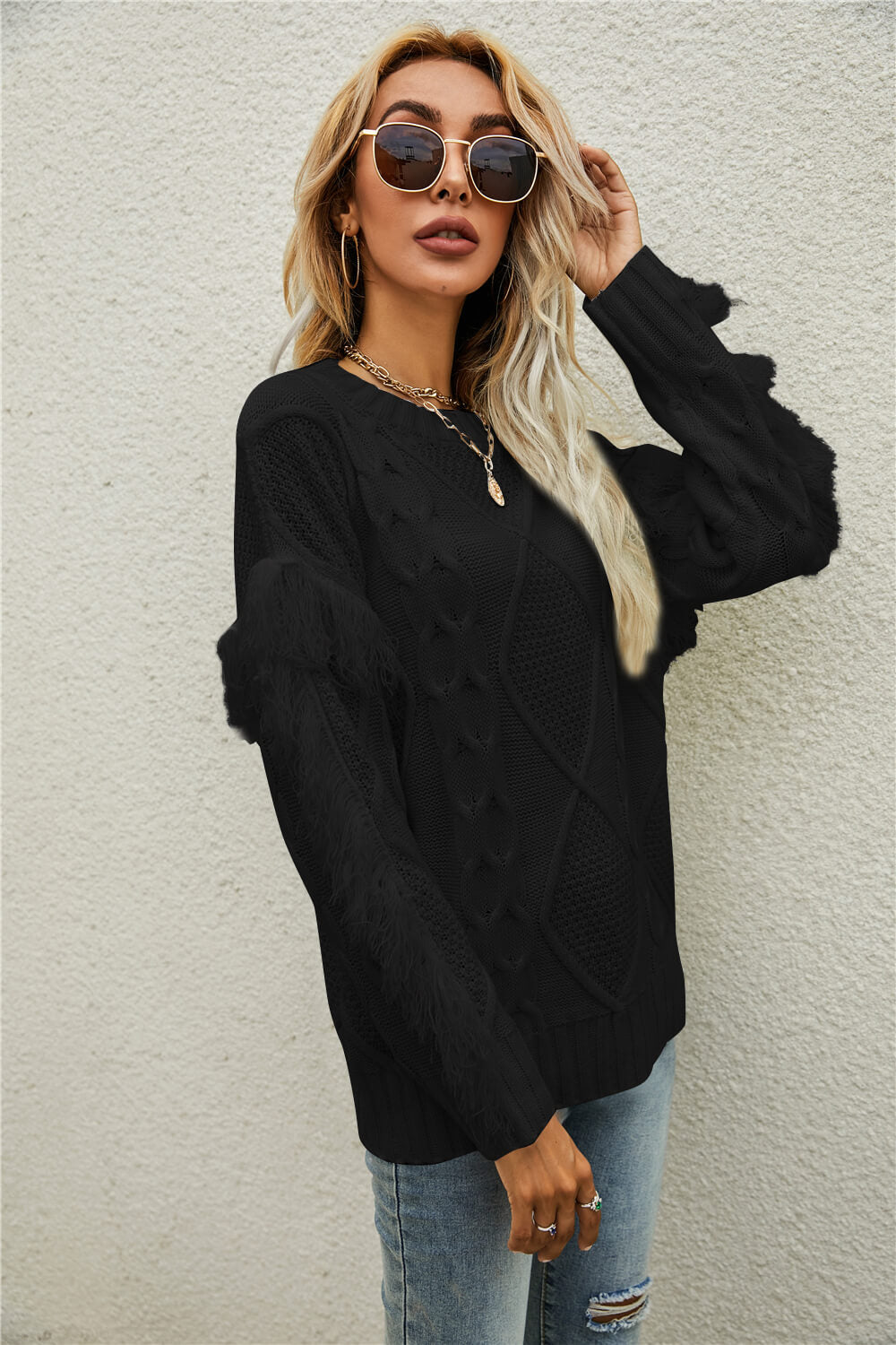 Mixed Knit Fringe Detail Round Neck Sweater