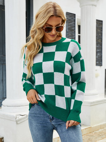 Checkered Dropped Shoulder Round Neck Sweater