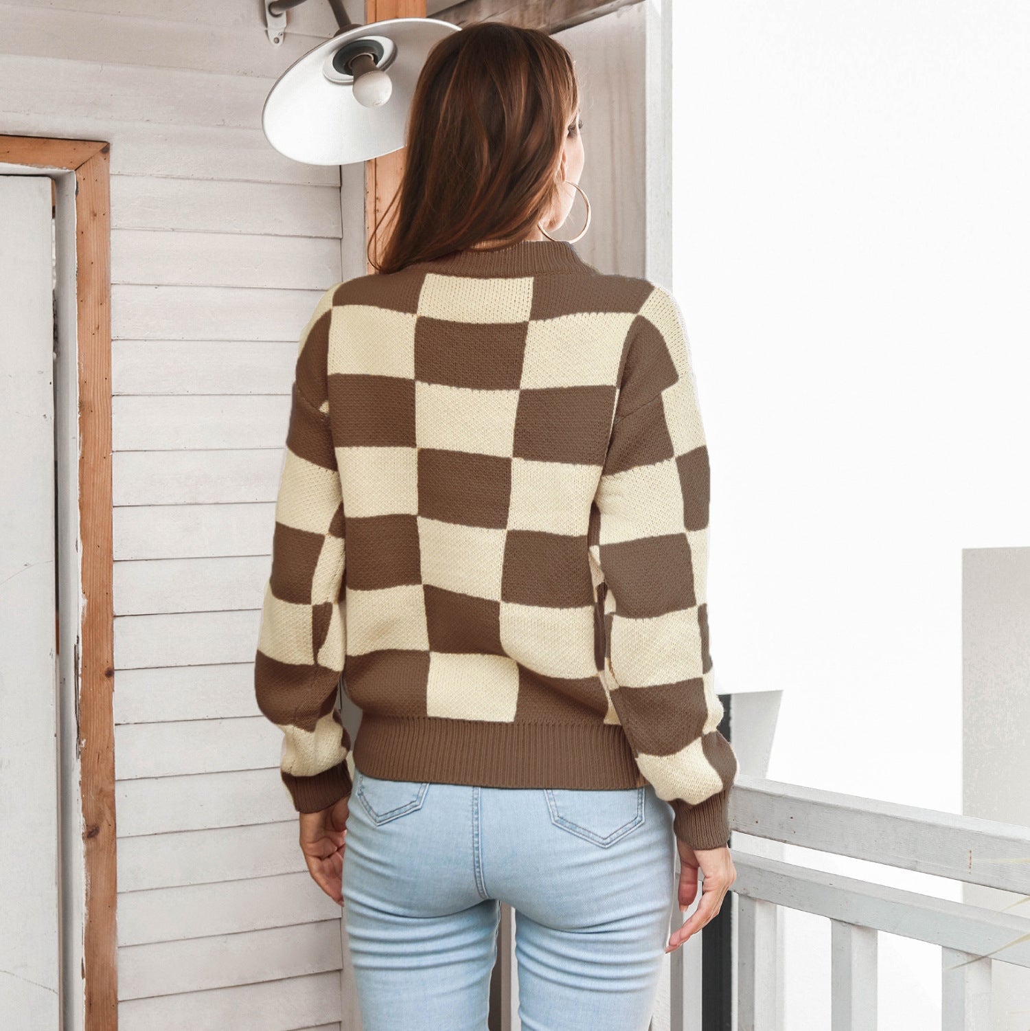 Checkered Two-Tone Dropped Shoulder Crewneck Sweater