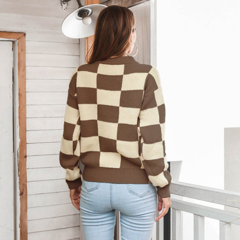 Checkered Two-Tone Dropped Shoulder Crewneck Sweater