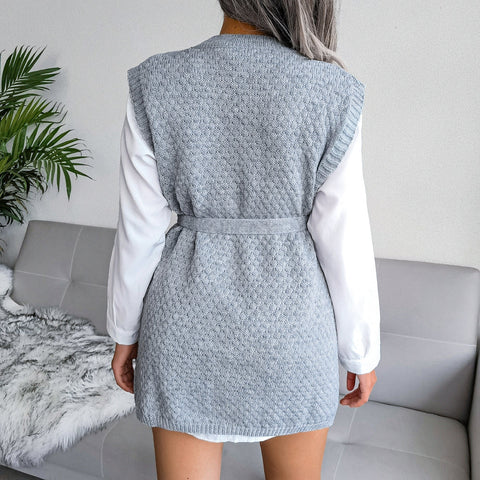 Tie-Waist Sleeveless Side Slit Sweater Vest