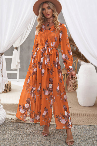 Robe longue fendue à taille nouée et à motif floral