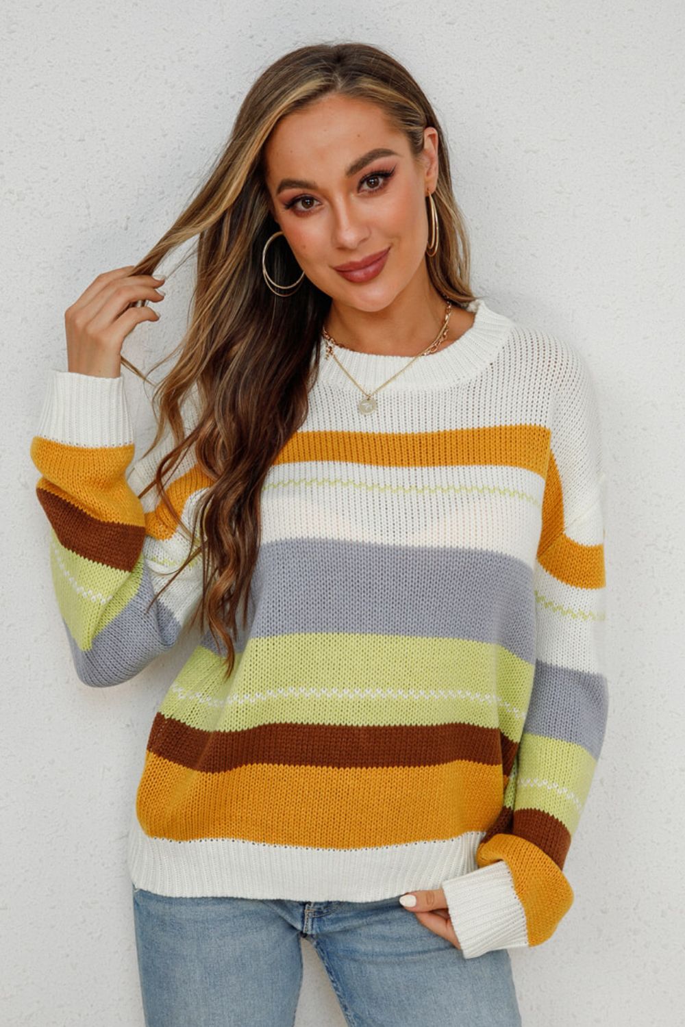 Striped Ribbed  Trim Round Neck Tunic Sweater