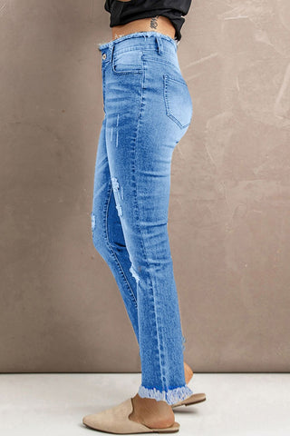 Jeans mit hoher Taille und Used-Look und offenem Saum