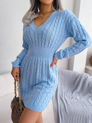 Cable-Knit V-Neck Mini Sweater Dress