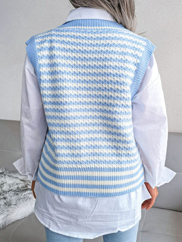Striped Front Slit Double-Breasted Surplice Sweater Vest