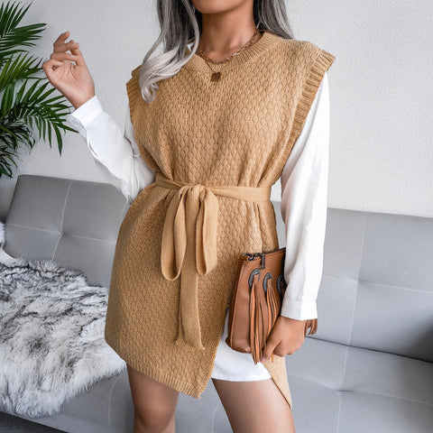 Tie-Waist Sleeveless Side Slit Sweater Vest