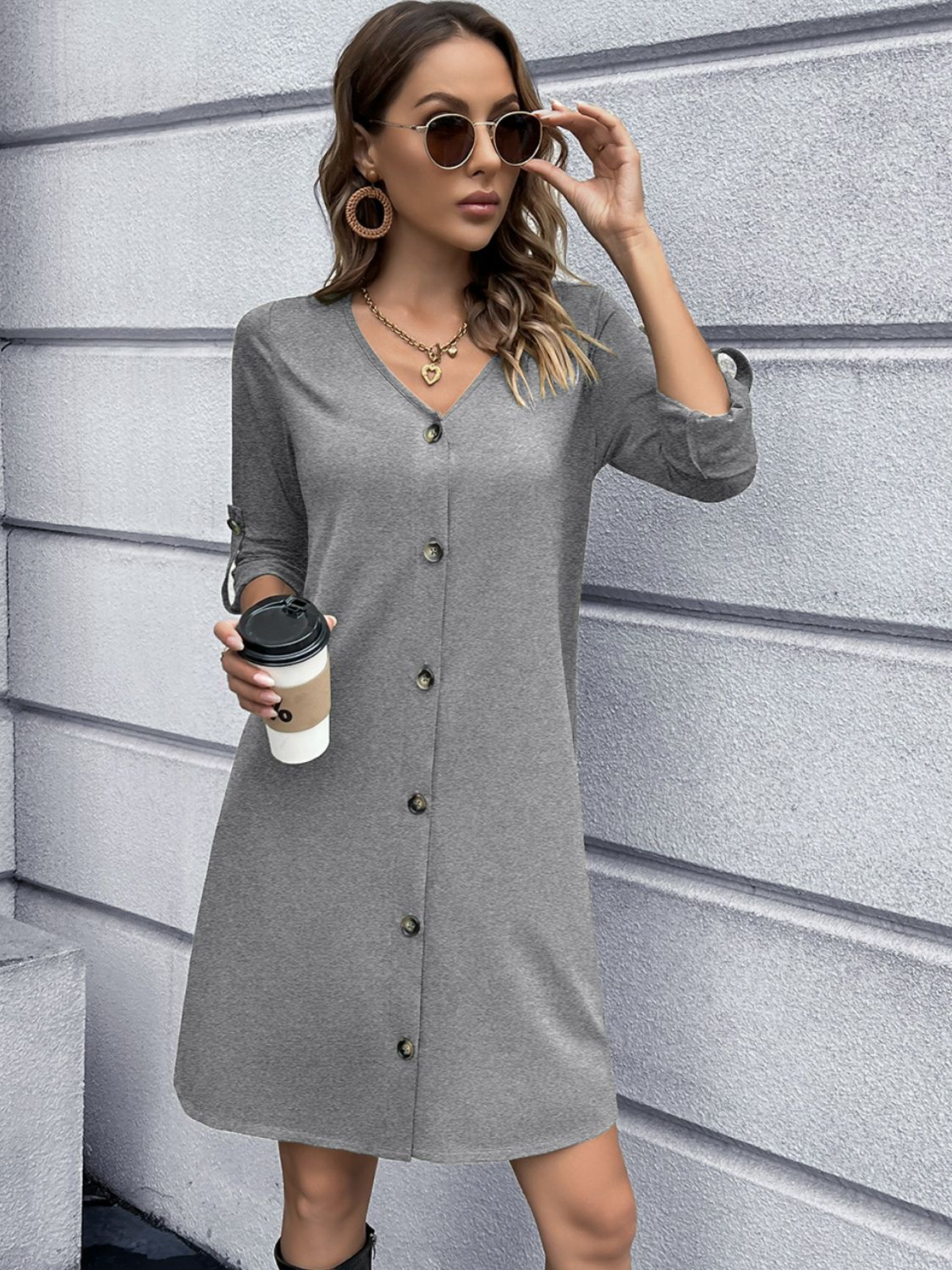 Button Front Roll-Tab Sleeve V-Neck Dress