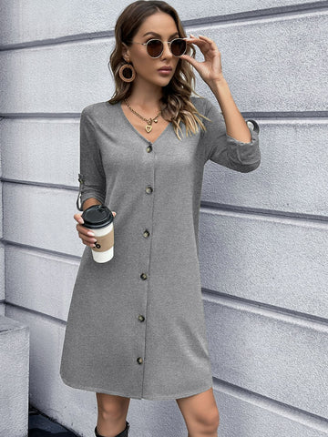 Button Front Roll-Tab Sleeve V-Neck Dress