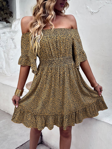 Leopard Print Off-Shoulder Frill Trim Mini Dress