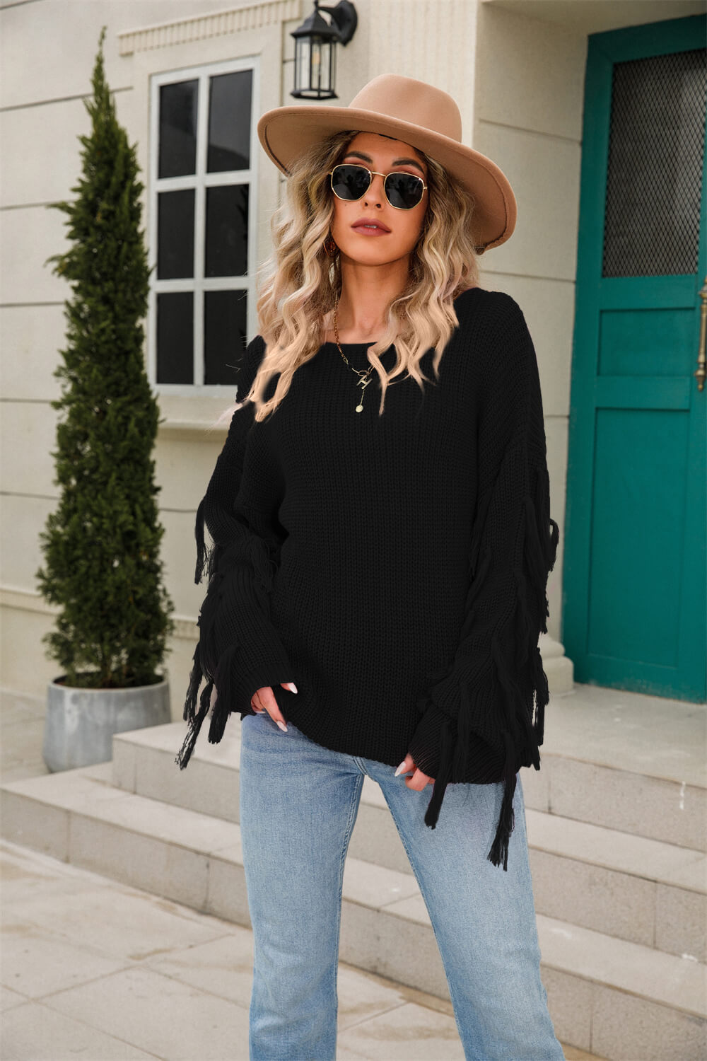 Tassel Detail Rib-Knit Round Neck Sweater