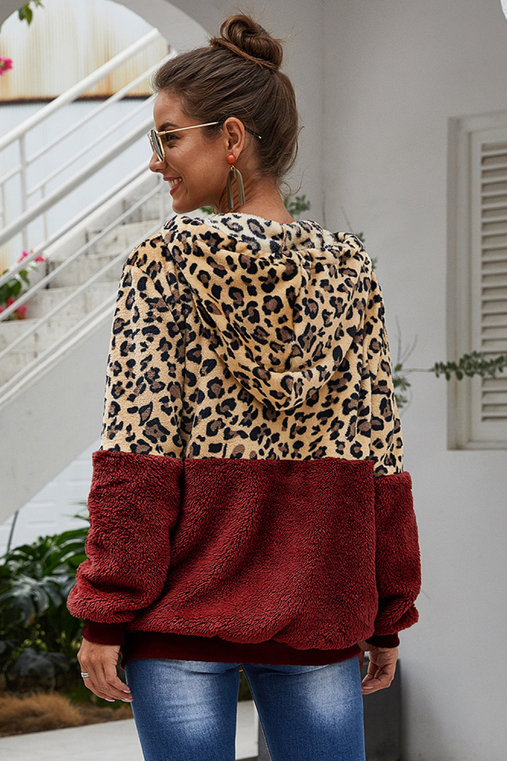 Spliced Leopard Drawstring Zip-Up Teddy Hoodie