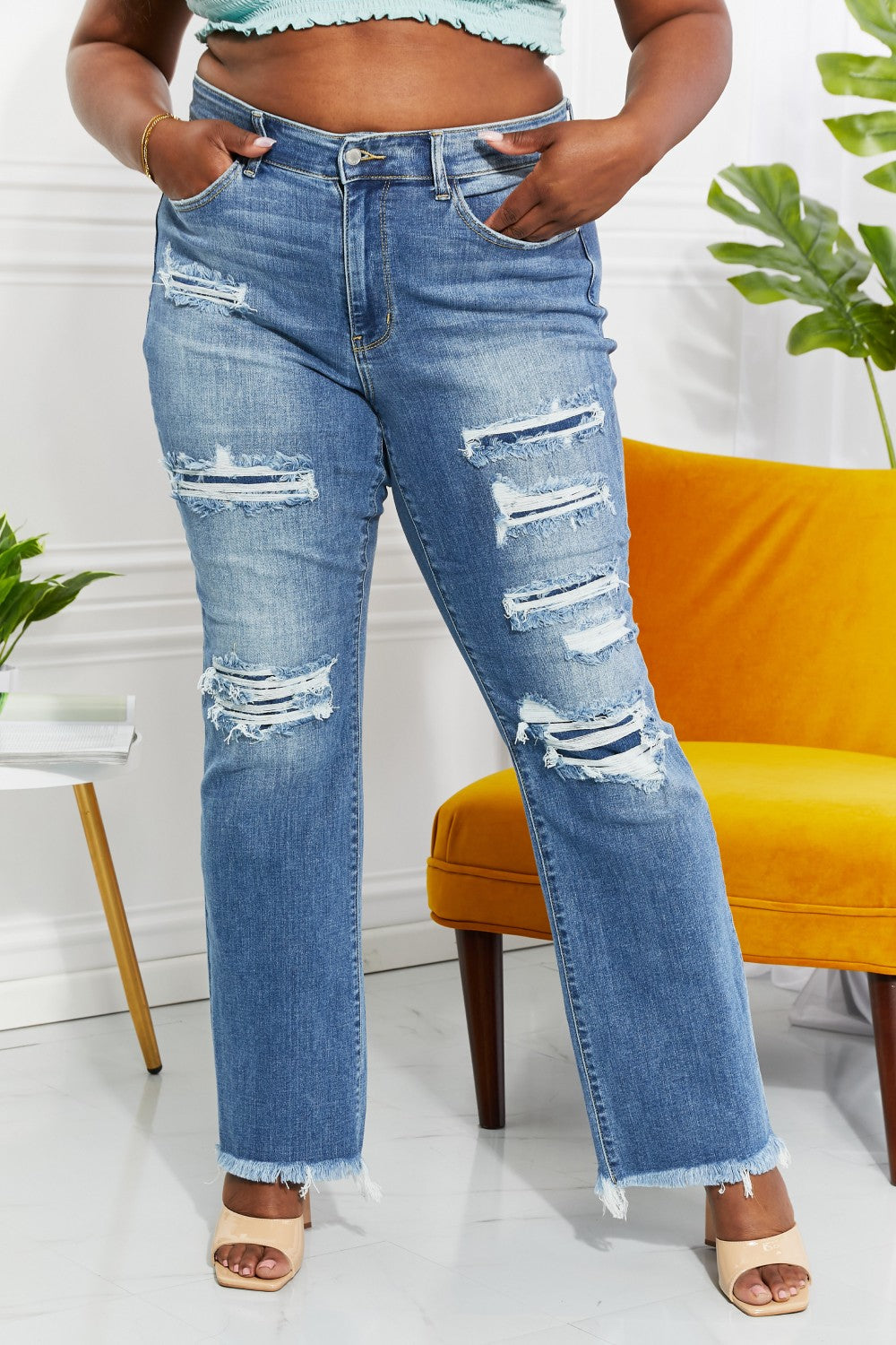 Full Size Janie High Waisted Patched Bootcut