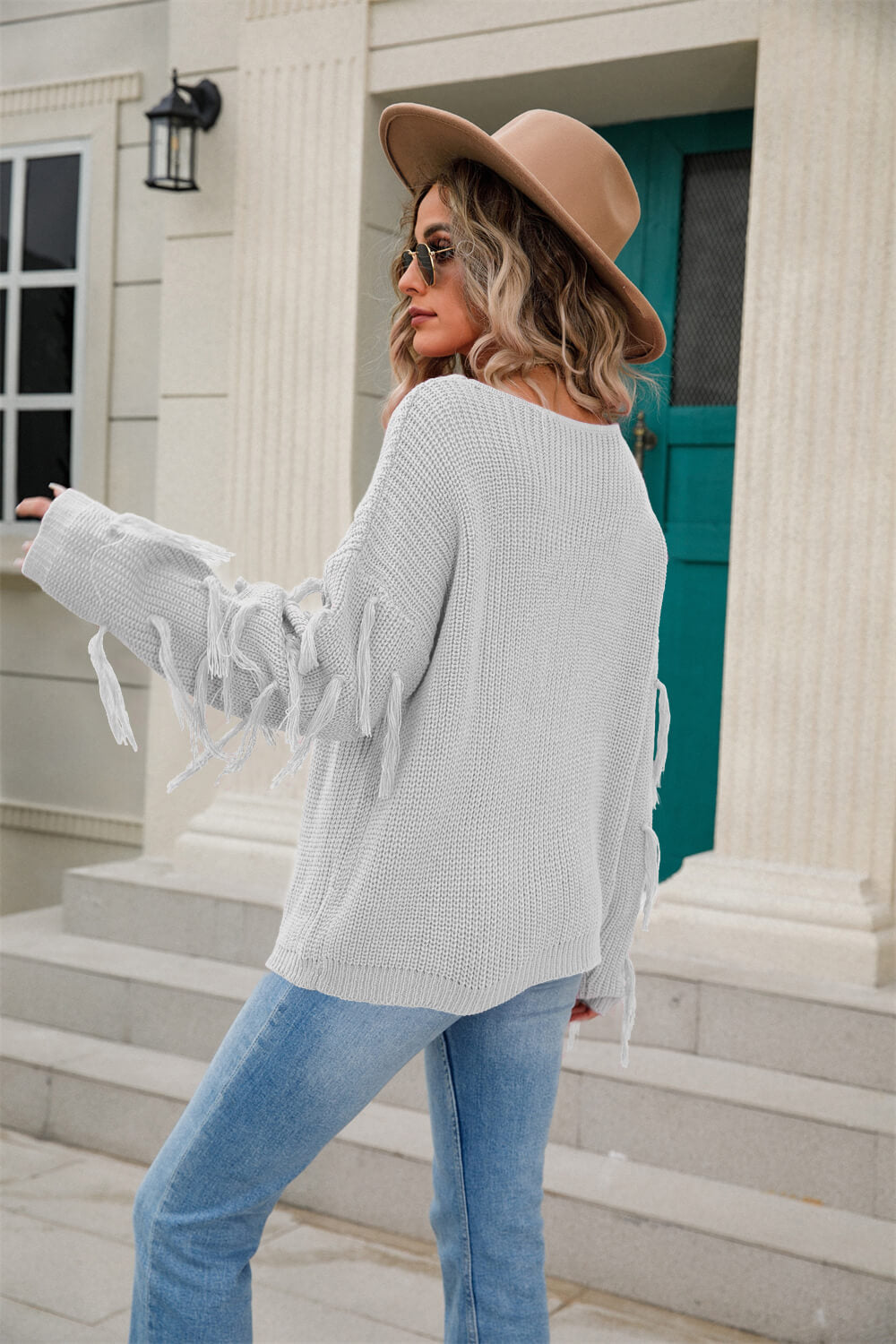 Tassel Detail Rib-Knit Round Neck Sweater