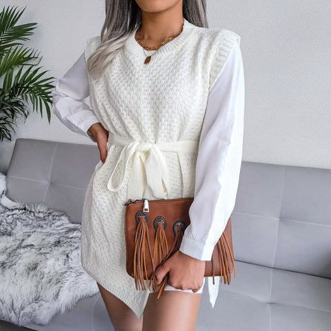 Tie-Waist Sleeveless Side Slit Sweater Vest