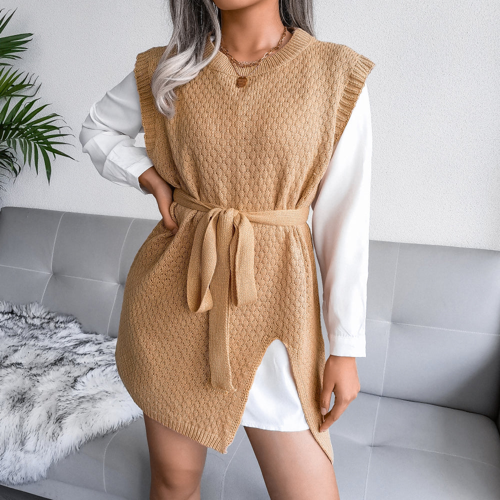 Tie-Waist Sleeveless Side Slit Sweater Vest