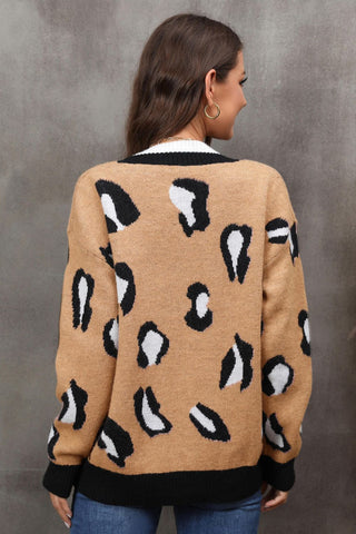 Leopard Ribbed Trim Drop Shoulder Cardigan