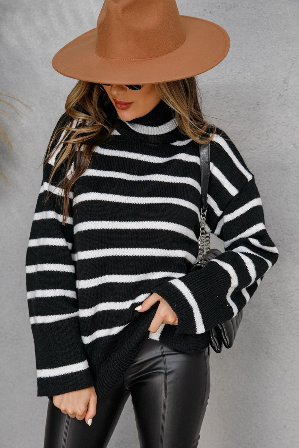 Striped Side Slit Turtleneck Sweater