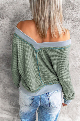 Waffle Knit Contrast Trim V-Neck Top