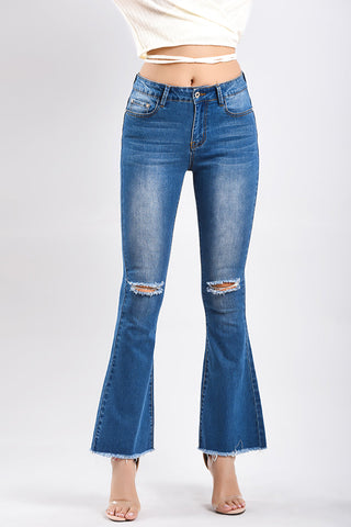 Full Size Distressed Frayed Hem Flare Jeans with Pockets