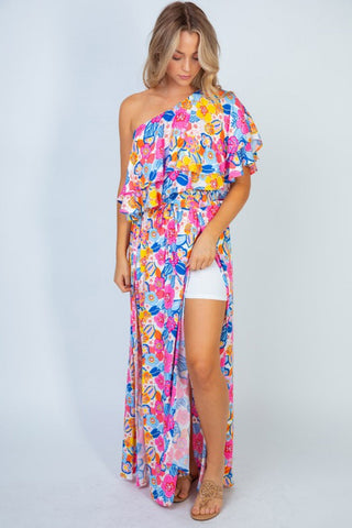 White Birch Sunshine & Blossoms Full Size Floral One-Shoulder Crop Top