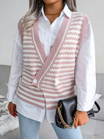 Striped Front Slit Double-Breasted Surplice Sweater Vest