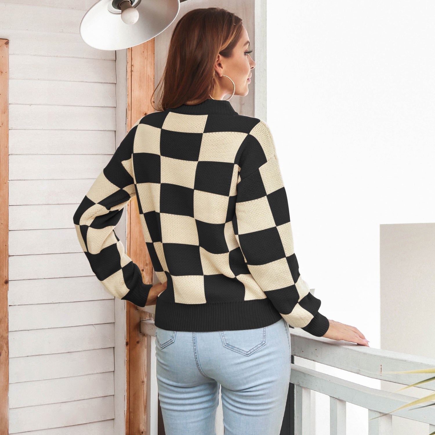 Checkered Two-Tone Dropped Shoulder Crewneck Sweater