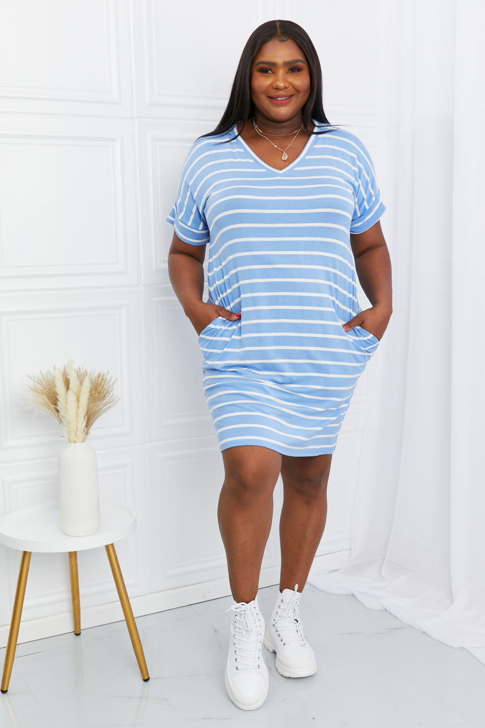 Full Size Striped V-Neck Pocket Dress in Spring Blue