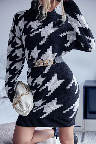 Houndstooth Turtleneck Mini Sweater Dress