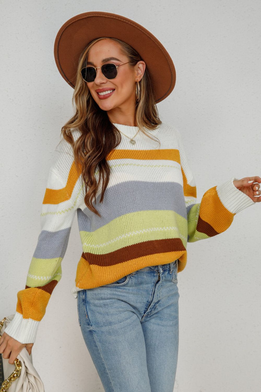 Striped Ribbed  Trim Round Neck Tunic Sweater