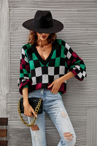 Checkered V-Neck Lantern Sleeve Sweater