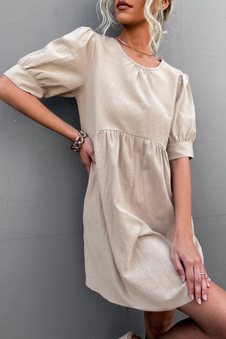 Buttoned Round Neck Puff Sleeve Dress